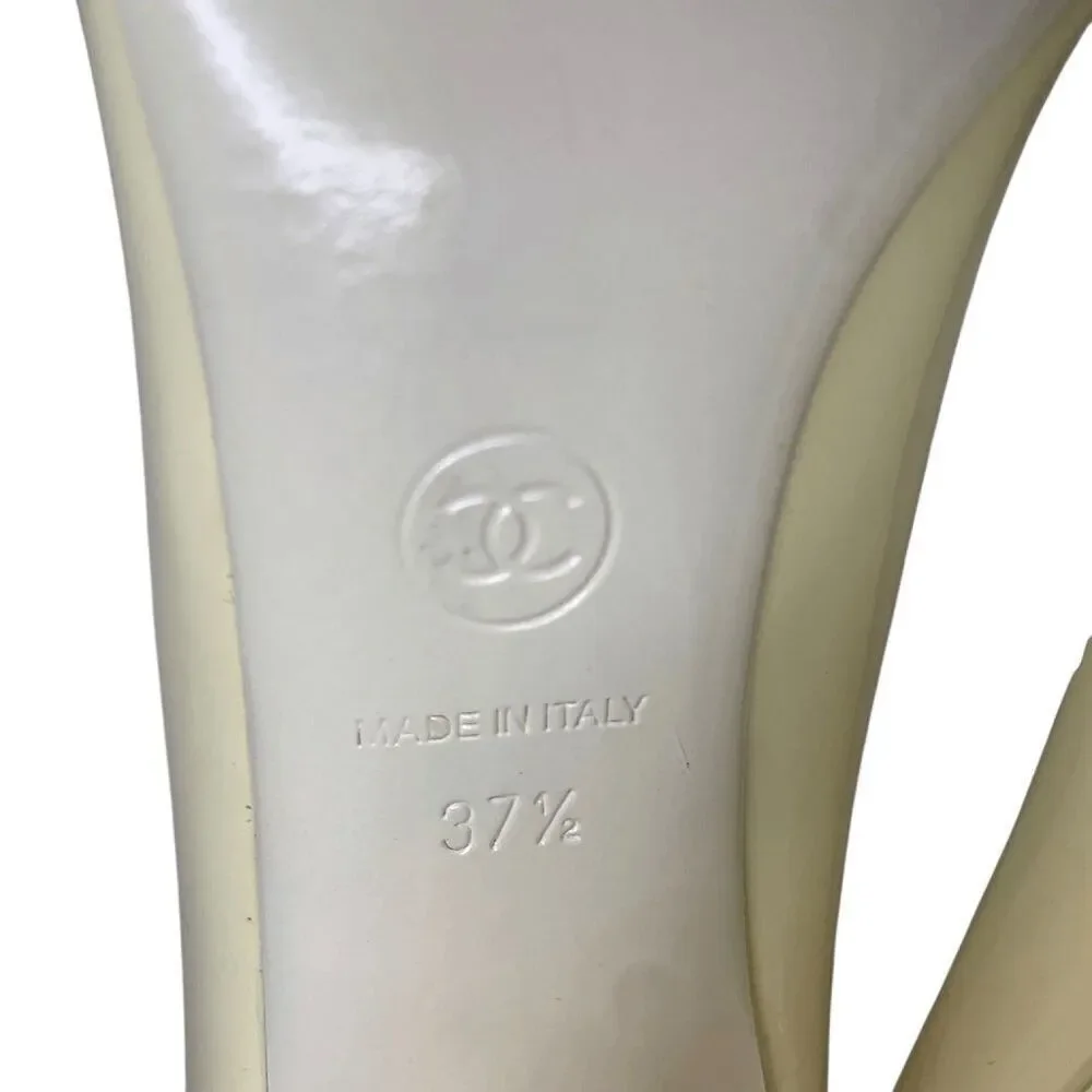 Chanel Interlocking CC Logo Peep Toe Patent Leather Heels EU 37.5 Yellow Pumps
